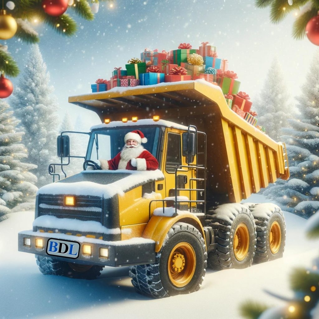 Santa Claus im Dumper mit Geschenken